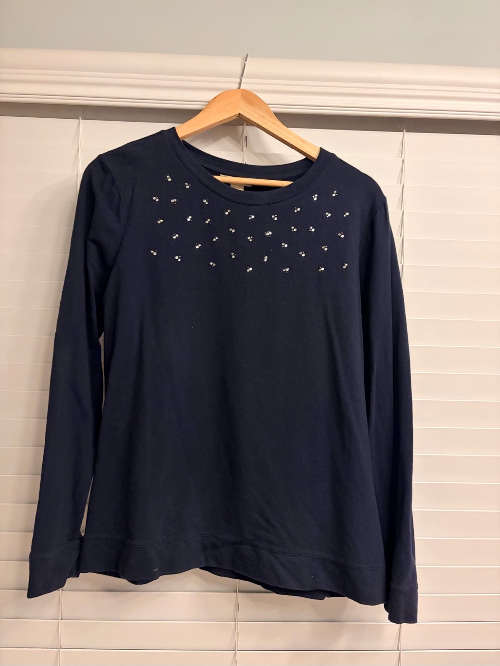 Women's Navy Long-Sleeve Embellished Crewneck Top